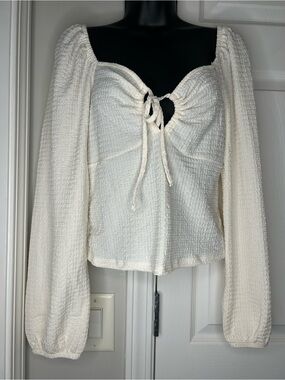 Ivory Textured Tie-Front Long Sleeve Crop Top